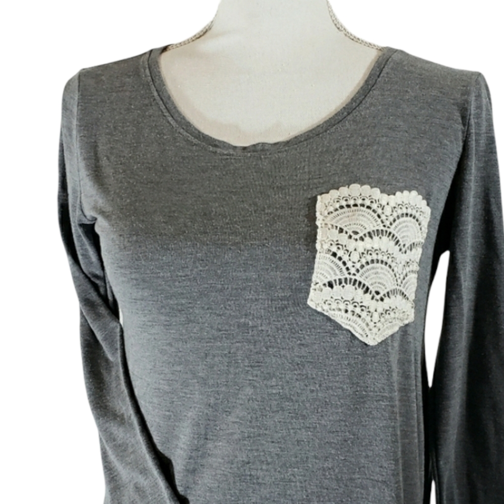 SO Comfy, Long-sleeved T-shirt, Gray, Lace Pocket